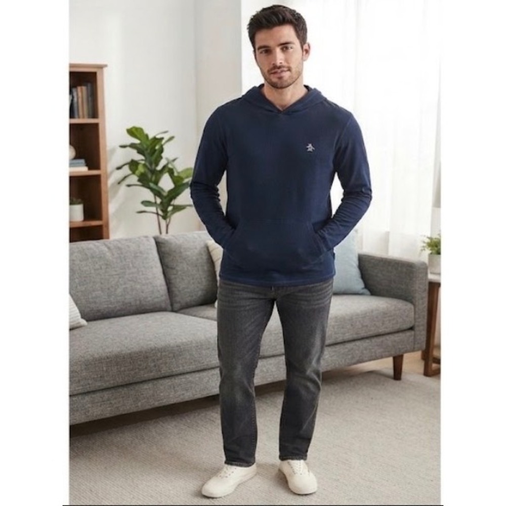 Original Penguin Navy Blue Lightweight Hoodie Long Sleeve T-Shirt Men's Size L